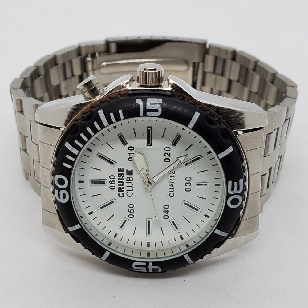 Men's Watch 41MM White Dial Black Bezel Gray Bracelet Band 8.5"‎ New Battery